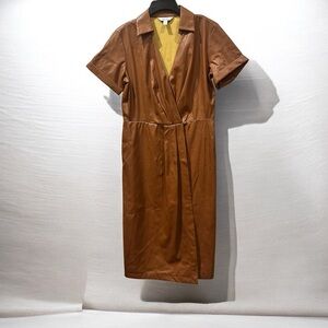 Nine West Faux-Leather Cognac Midi Dress Medium